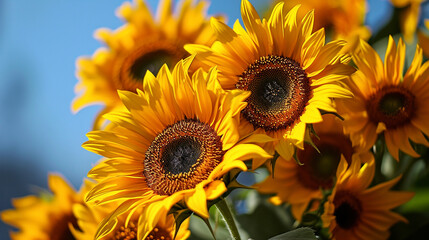 Obraz premium A bunch of bright yellow sunflowers, their cheerful faces captured in high-detail 4K HDR against a solid blue background, creating a striking contrast.