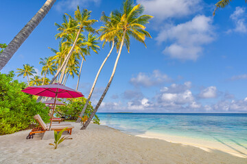 Beautiful coast sea sand sky. Tropical relax beach sunny summer island landscape. Love couple...