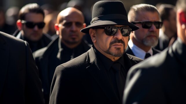 Funeral of a mafia boss. Sad faces. Mourning. People dressed in black