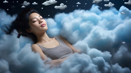 Beautiful woman peacefully sleeping on white pillow, symbolizing a good nights rest and relaxation