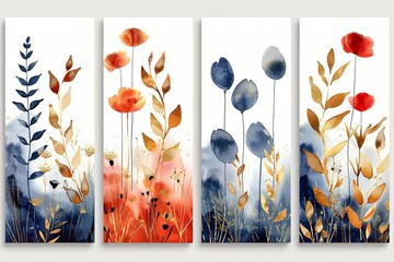 Arrangements. Terracotta, navy blue, orange, blush, pink, ivory, beige watercolor Illustration and gold elements