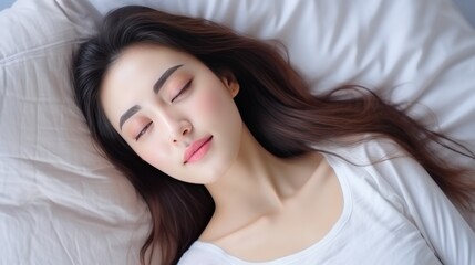 Obraz na płótnie Canvas Beautiful woman sleeping peacefully on soft white pillow, good night sleep concept with copy space