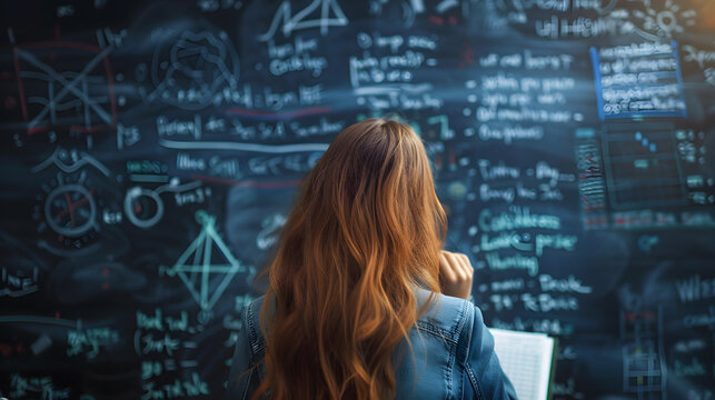 Back view of students standing and looking at the blackboard. with chemistry study formulas