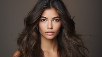 Naklejka premium Smooth shiny hair and glowing tan skin - natural beauty model for hair and skin care