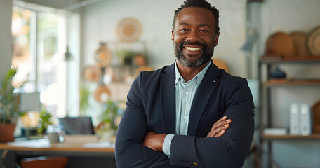 Crossed arms, laugh and face of business black man in office for leadership, funny joke and success. Corporate, manager and portrait of happy person in workplace for ambition, pride and confidence  - obrazy, fototapety, plakaty
