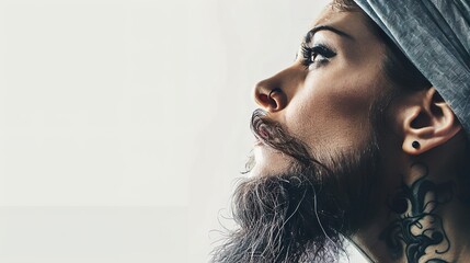 bearded elegance: a lady's captivating profile in style and mystery - obrazy, fototapety, plakaty