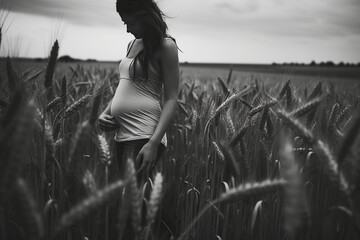 Expectant mother embracing her round belly with joy, eagerly anticipating her babys arrival - obrazy, fototapety, plakaty