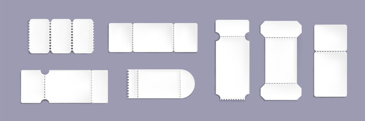 Paper ticket templates set isolated on gray background. Vector realistic illustration of blank white carton coupons with dotted line, flight boarding pass, concert, theater entrance or lottery flyer
