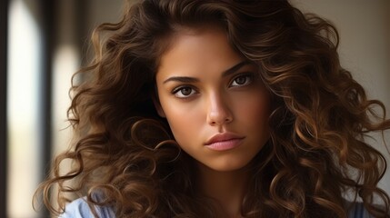 Fototapeta premium Natural beauty. model with healthy curly hair and glowing skin - hair and skin care products
