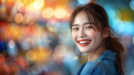 Fototapeta na wymiar Smiling Asian Woman in Denim Jacket with Colorful Bokeh Lights
