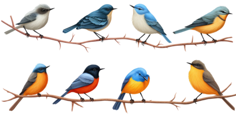 Collection set of Blue-fronted Redstart birds isolated on transparent a white background 