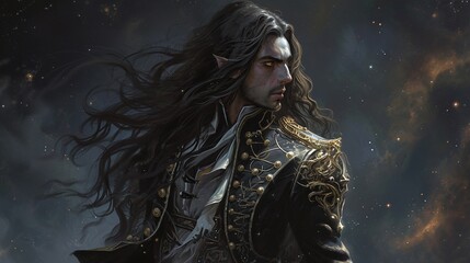 A broodingly elegant galactic pirate created with Generative AI