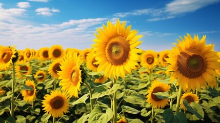 Fototapeta premium Endless field of sunflowers illuminated by the sun, harvest and agricultural business concept 