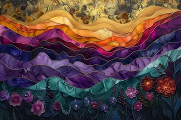 Papier Peint photo Aubergine Currents of translucent hues, snaking metallic swirls, and foamy sprays of color shape the landscape of these free-flowing textures