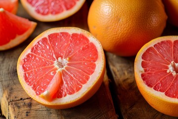 Sliced and whole grapefruits on a wooden table, citrus assortment with fruits, delicious and juicy summer fruits, food background concept
