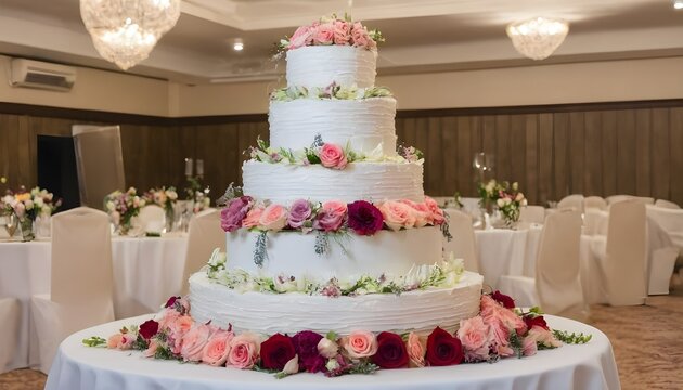 A multi-tiered wedding cake in the banquet hall, decorated with fresh flowers. Preparation for the wedding celebration. Cutting the wedding cake.