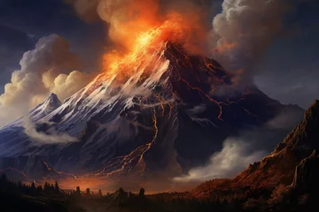 Foto auf Alu-Dibond A majestic volcano spewing lava, dark plumes rising against a fiery sky. Generative AI. © Olga Khoroshunova