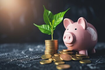Pink piggy bank with a stack of coins nearby and a growing green sprout, savings and investment concept with copyspace
 - obrazy, fototapety, plakaty