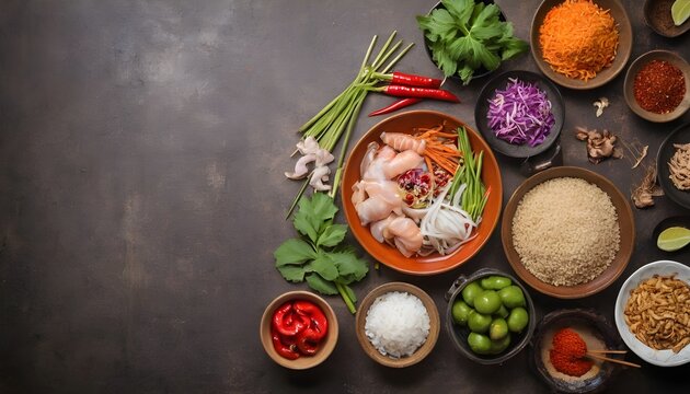 Asian food. A variety of ingredients for cooking Chinese or Thai food on a rustic background .