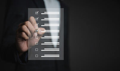 Business performance checklist, businessman doing online checklist survey, take an assessment,...