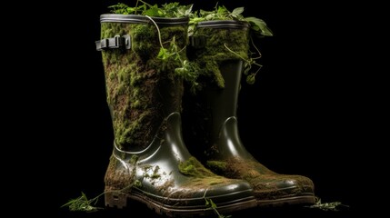 Rubber boots covered with green moss and grass. Nature wins. Ecology