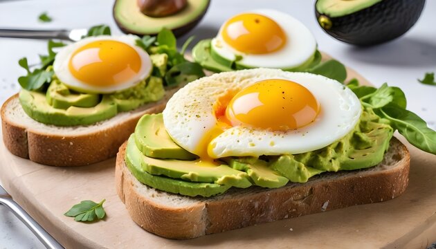 Avacado toast with cooked egg served with bread, cherry tomatoes, avacado, eggs
