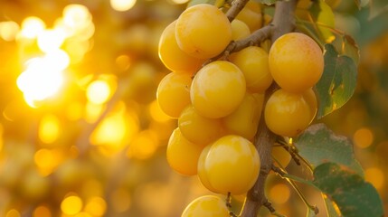 Harvest of ripe yellow plums on a branch in the garden, agribusiness business concept, organic healthy food and non-GMO fruits with copy space