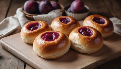 Obraz na płótnie Canvas baked sweet homemade buns with plum inside, on a wooden table.
