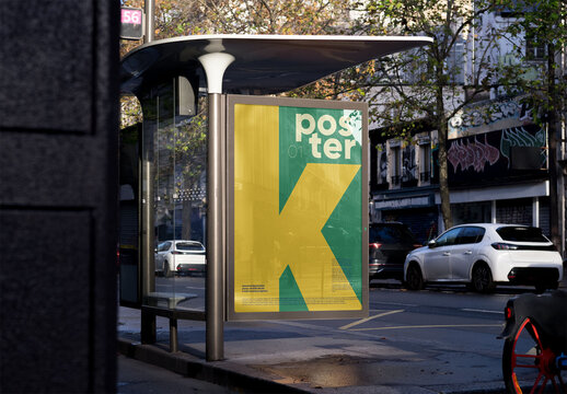 Mockup of bus stop with vertical customizable sign