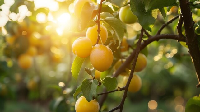Harvest of ripe yellow plums on a branch in the garden, agribusiness business concept, organic healthy food and non-GMO fruits with copy space