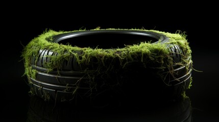Wheel covered with green moss and grass. Nature wins. Ecology