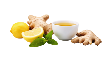 Fresh ginger roots, lemon and cup of tea isolated on transparent a white background