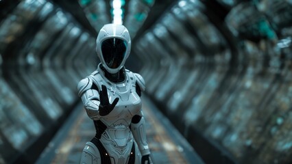 Roboter Frau in weiß auf der Raumstation greift nach der Hand, ai generativ - obrazy, fototapety, plakaty