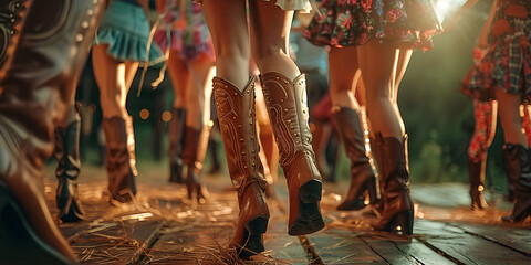 Country line dancers zoomed in on boots and legs
 - obrazy, fototapety, plakaty