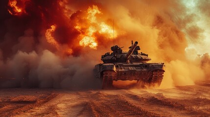 Fototapeta premium An epic invasion war scene with fire and the desert and armored tanks crossing a minefield. Wide poster design with copy space.
