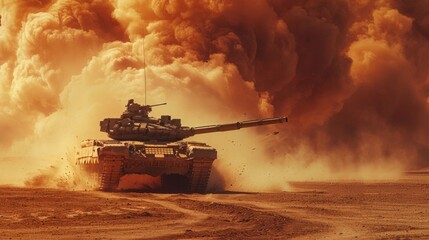 An epic invasion war scene with fire and the desert and armored tanks crossing a minefield. Wide poster design with copy space. - obrazy, fototapety, plakaty