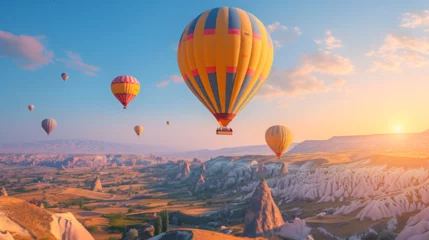 Zelfklevend Fotobehang Hot air balloons fly over Cappadocia. romantic holiday or ballooning festival. generative ai  © Malaika