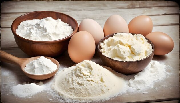 Baking ingredients: flour, eggs, sugar with a rolling pin on a light white wood background.
