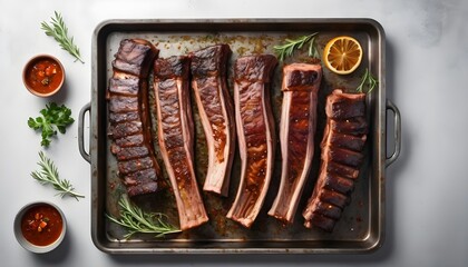 BBQ smoked lamb ribs, mutton spareribs, sliced meat in steel tray with herbs. Gray background. Top view - obrazy, fototapety, plakaty