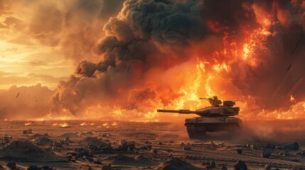 An epic invasion war scene with fire and the desert and armored tanks crossing a minefield. Wide poster design with copy space.