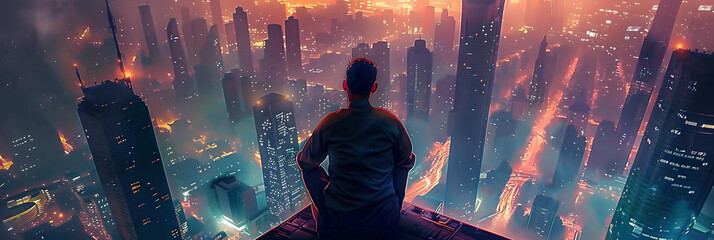Man sitting on edge of building overlooking futuristic city from above. Fantasy concept  - obrazy, fototapety, plakaty
