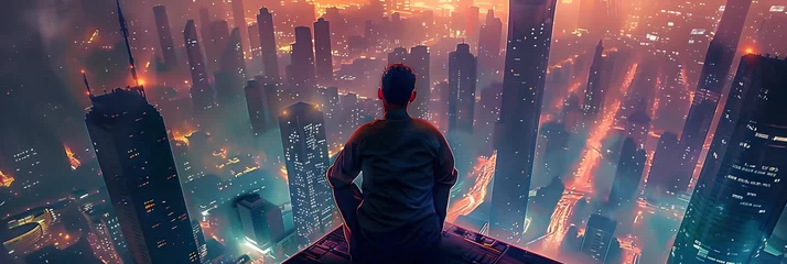 Fotobehang Man sitting on edge of building overlooking futuristic city from above. Fantasy concept  © john