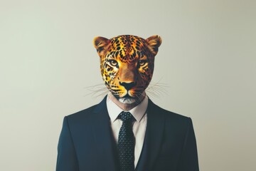 Leopard commanding attention in a sharp business suit, merging the regal beauty of the animal kingdom with the refined elegance of corporate attire.