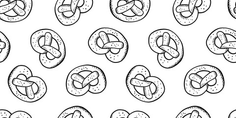Seamless pattern with hand drawn pretzel on white background. Doodle vector food sketch