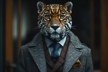 Leopard commanding attention in a sharp business suit, merging the regal beauty of the animal kingdom with the refined elegance of corporate attire.