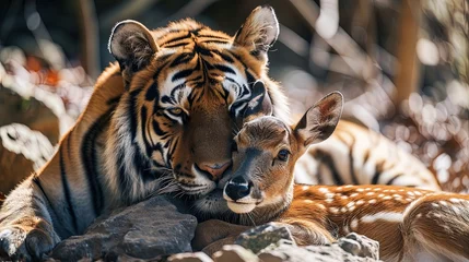 Fotobehang Tiger hugs roe deer in the wild, predator with herbivores together © Anna Zhuk