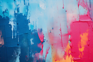Messy paint strokes and smudges on an old painted wall background. Abstract wall surface with part of graffiti. Colorful drips, flows, streaks of paint and paint 
