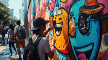 Graffiti artist painting emoji mural on city wall, surrounded by curious onlookers. Urban energy on...