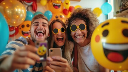 World Emoji Day fun. friends celebrate with laughter, selfies, and emoji decorations.