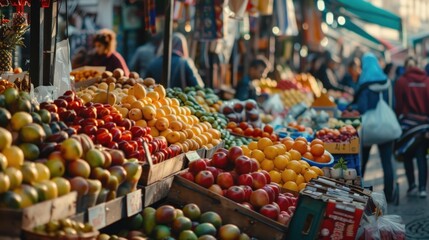 Obraz premium Sacrifice Feast Market Preparations - Colorful fruits, spices, and sweets fill a bustling outdoor market as families browse and exchange warm greetings.